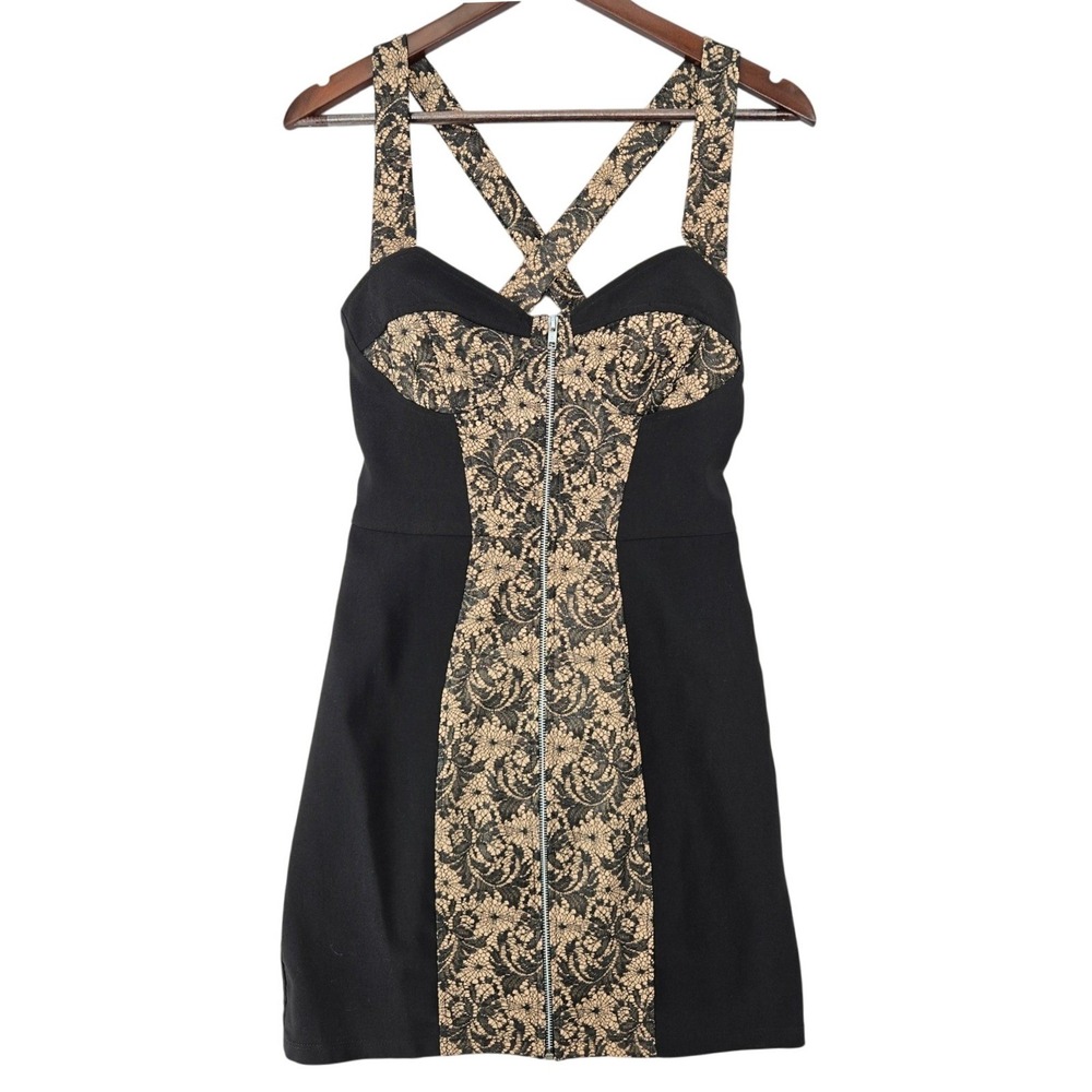 Fredericks of Hollywood Small Mini Dress Womens Pinup Lace Bodycon Black Tan